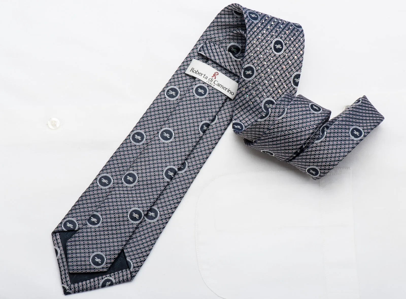 Roberta-di-Camerino Men's Silk Tie Silver Trellis On Navy Sparkling With Rhinestones