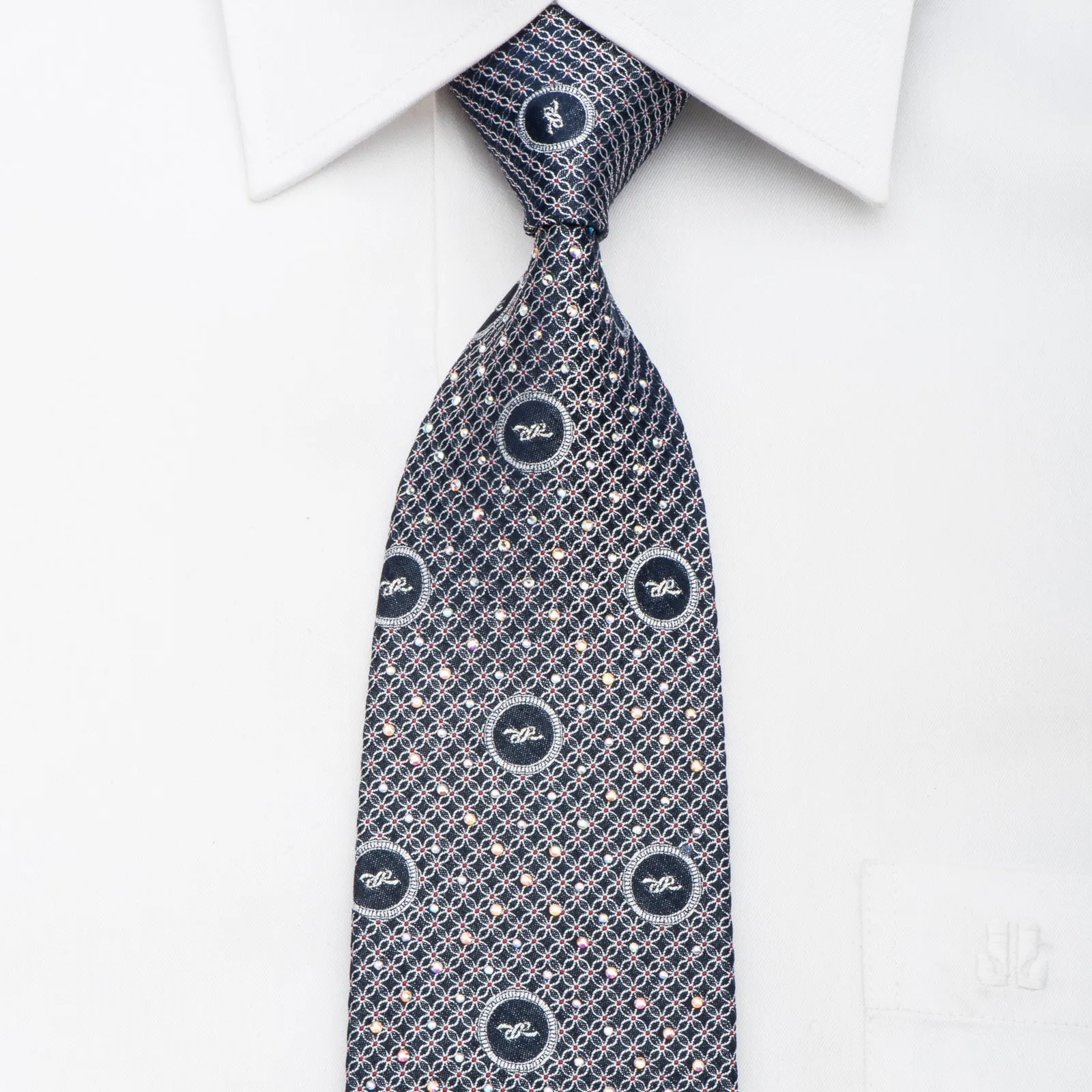 Roberta-di-Camerino Men's Silk Tie Silver Trellis On Navy Sparkling With Rhinestones