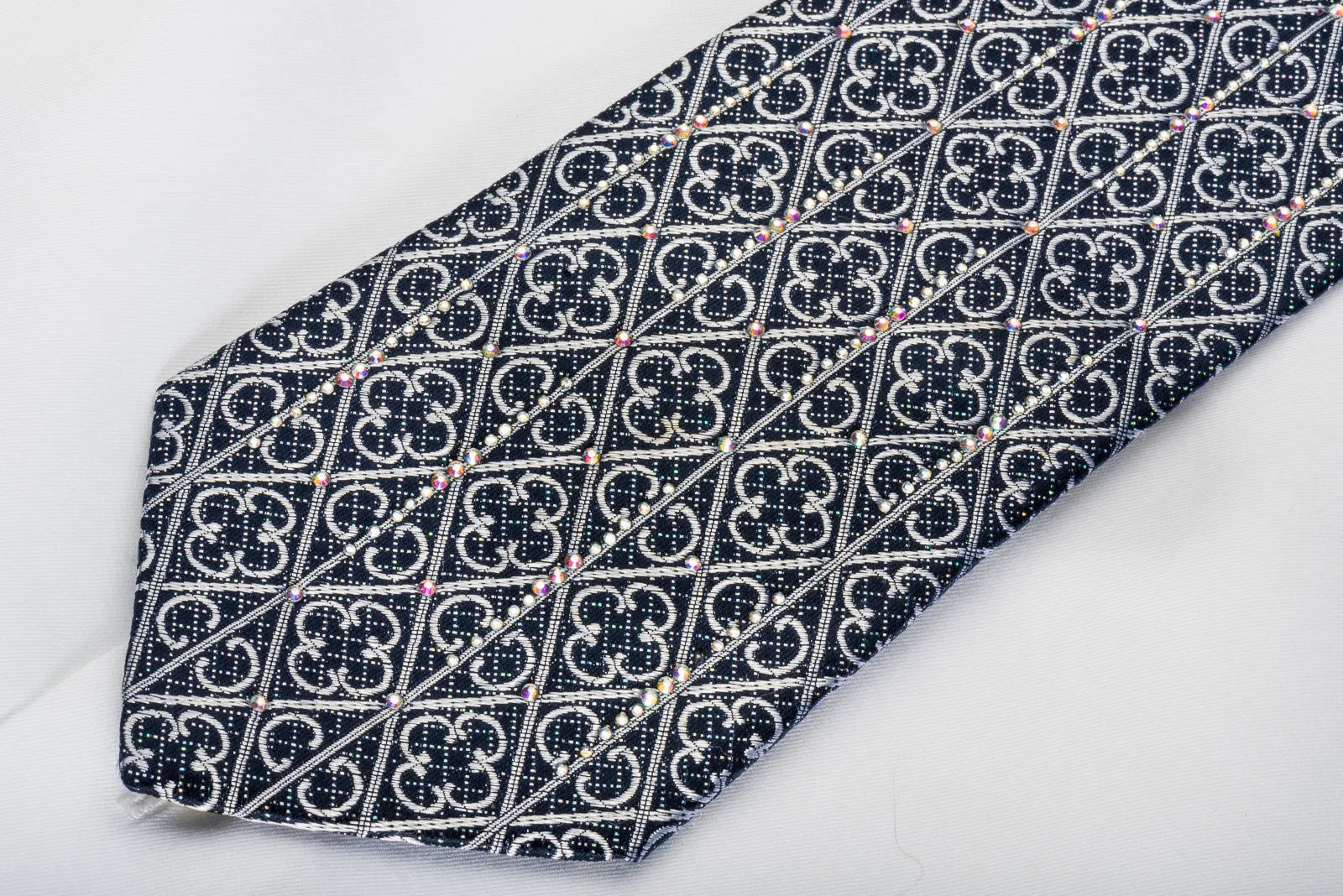 Roberta di Camerino Rhinestone Silk Necktie Silver Trellis On Navy With Silver Sparkles