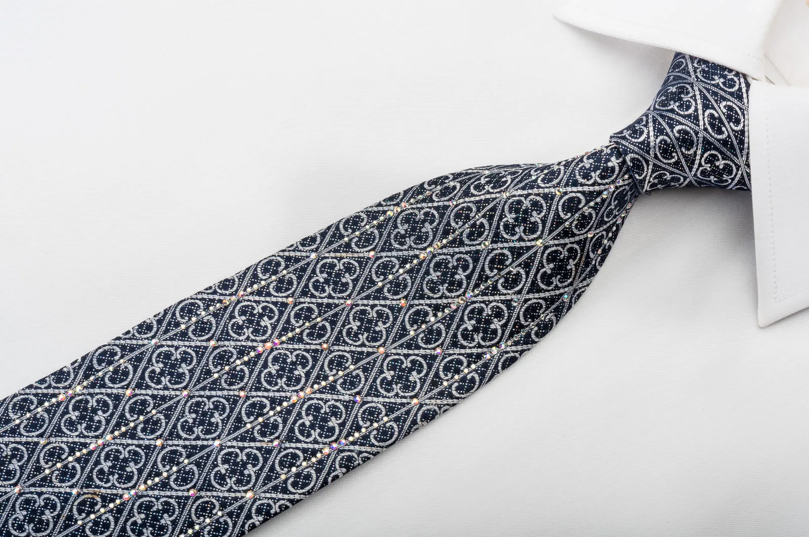 Roberta di Camerino Rhinestone Silk Necktie Silver Trellis On Navy With Silver Sparkles