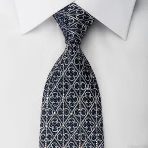 Roberta di Camerino Rhinestone Silk Necktie Silver Trellis On Navy With Silver Sparkles