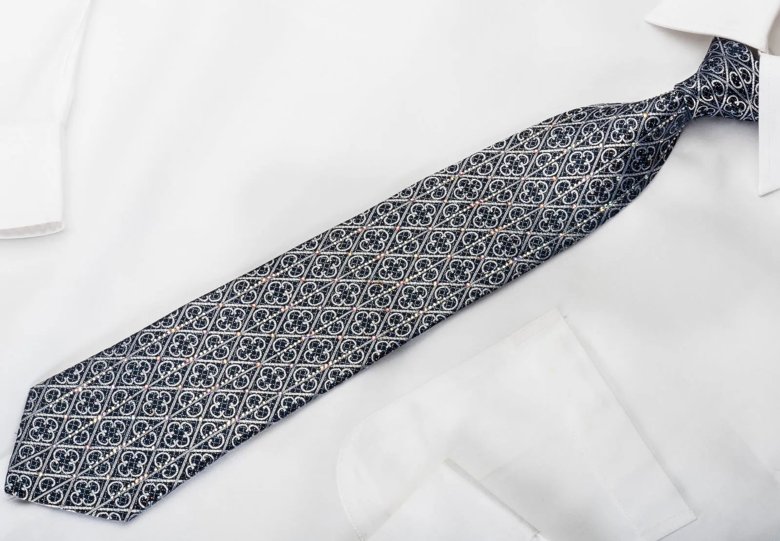 Roberta di Camerino Rhinestone Silk Necktie Silver Trellis On Navy With Silver Sparkles