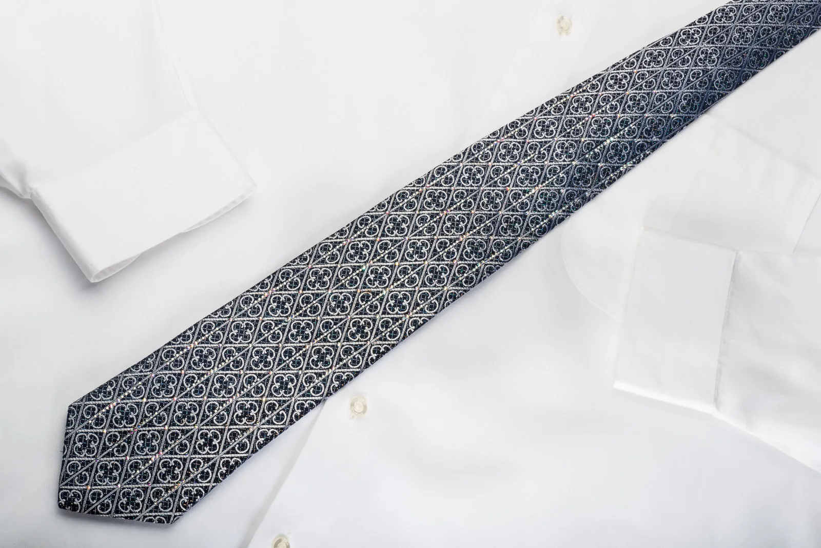 Roberta di Camerino Rhinestone Silk Necktie Silver Trellis On Navy With Silver Sparkles