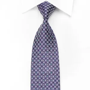 Rogatis Men's Crystal Silk Necktie Silver Geometric Dots On Purple With Blue Sparkles