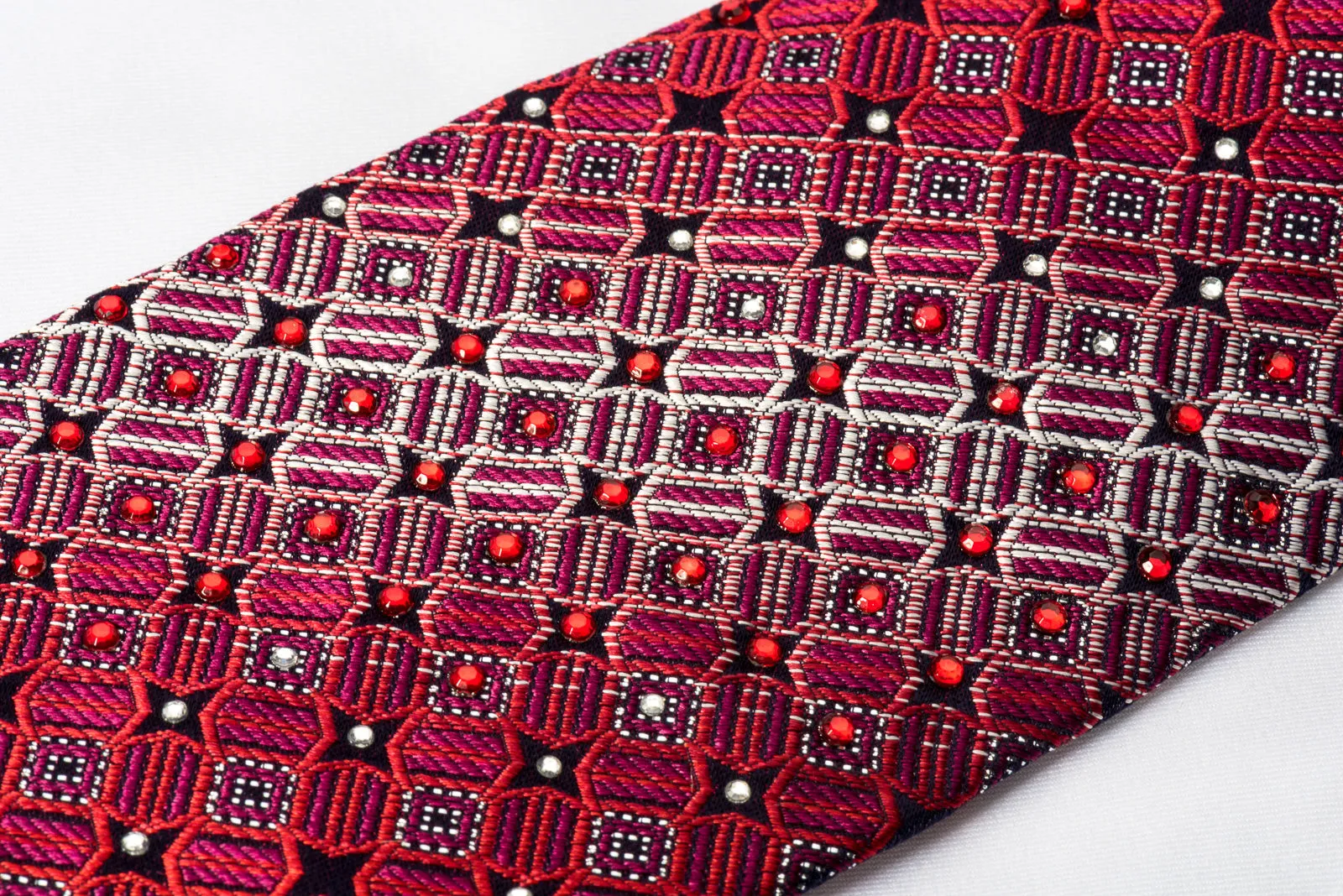 Rogers Dail Rhinestone Silk Necktie Geometric On Burgundy With Silver Sparkles