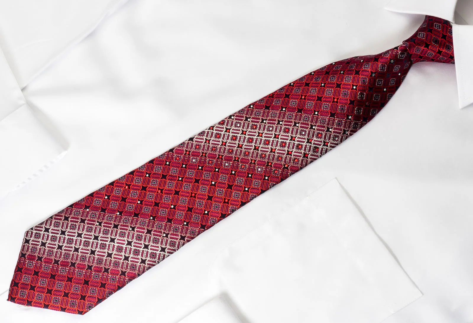 Rogers Dail Rhinestone Silk Necktie Geometric On Burgundy With Silver Sparkles