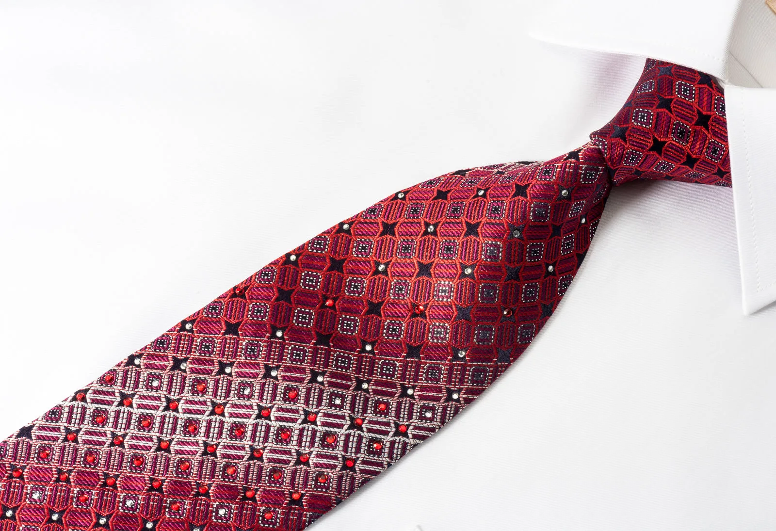 Rogers Dail Rhinestone Silk Necktie Geometric On Burgundy With Silver Sparkles