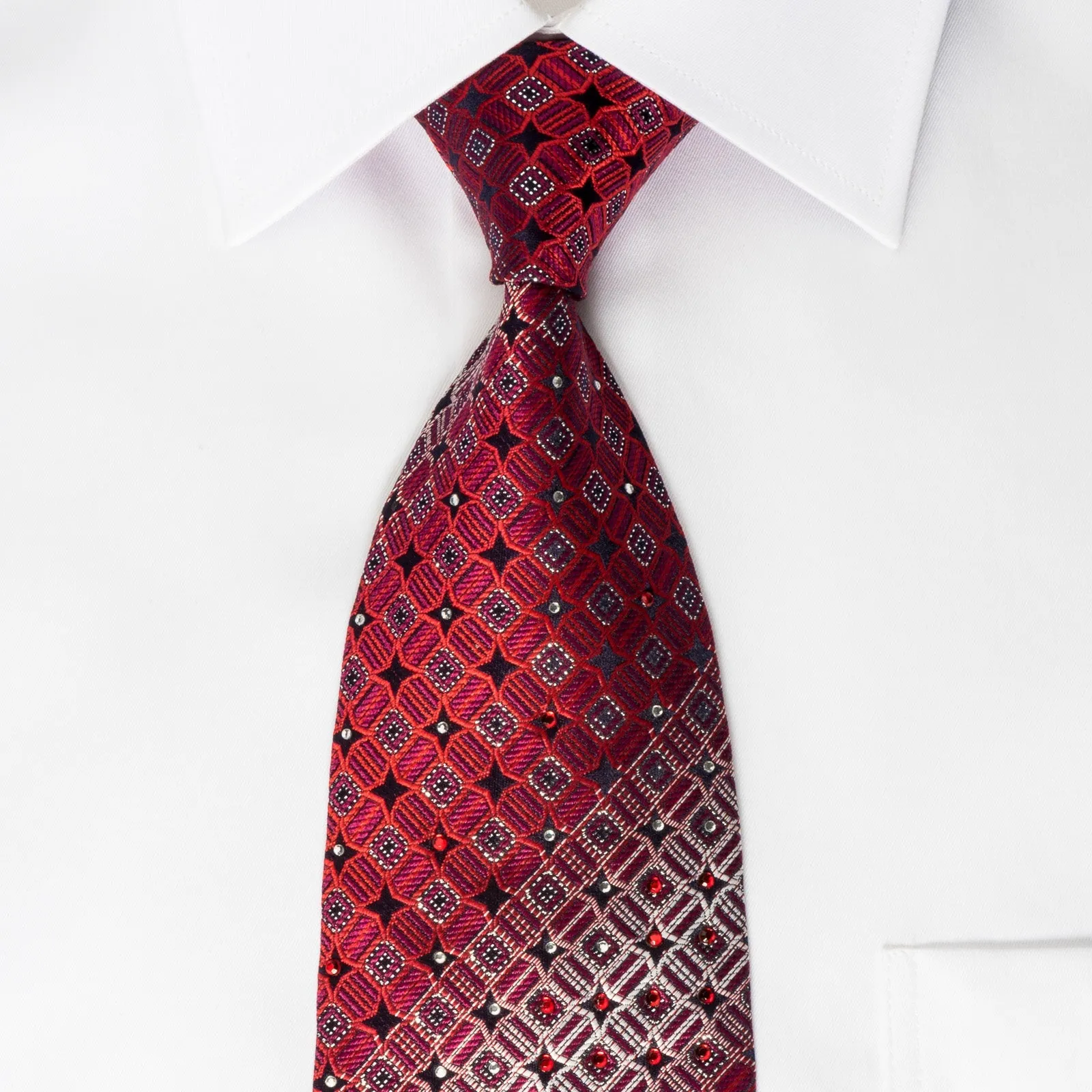 Rogers Dail Rhinestone Silk Necktie Geometric On Burgundy With Silver Sparkles