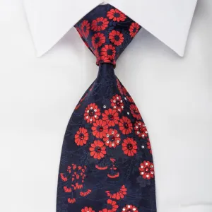 Rogers Dail Silk Necktie Red Floral On Blue Sparkling With Rhinestones