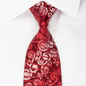 Rogers Dail Silk Necktie Scrolls On Red With Red White Rhinestones