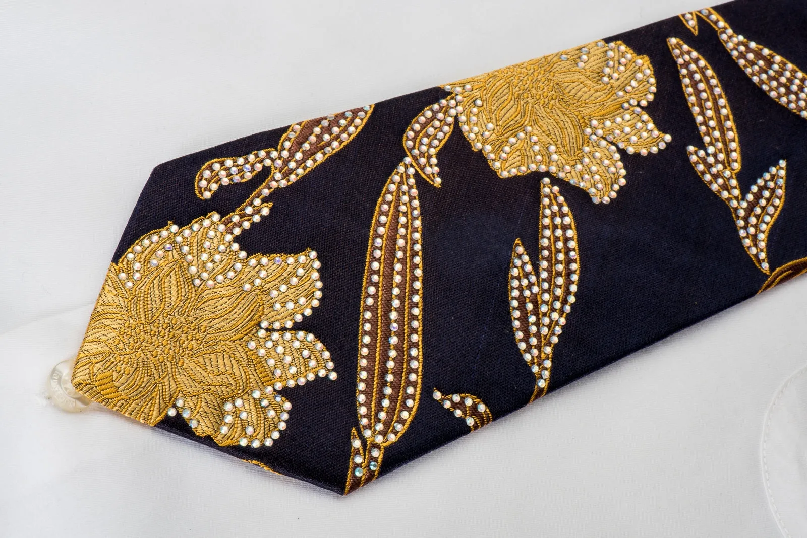 Rogers Dail Woven Silk Necktie Golden Floral On Black Sparkling With Rhinestones