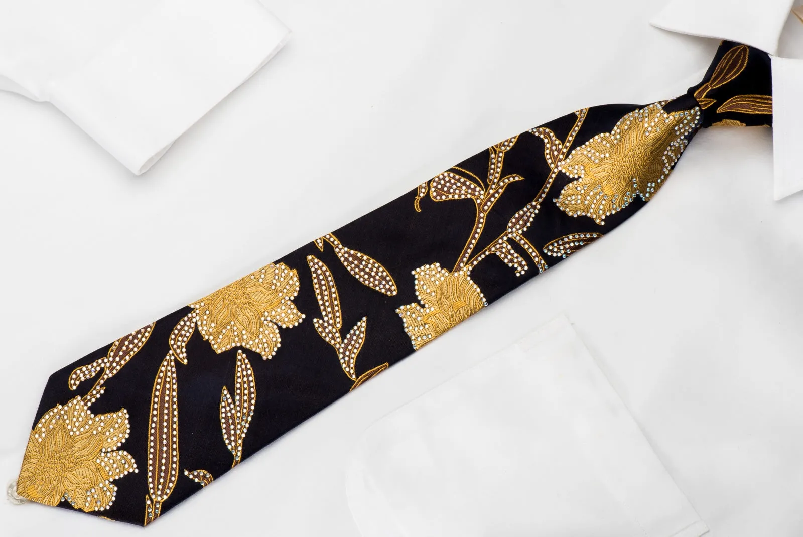 Rogers Dail Woven Silk Necktie Golden Floral On Black Sparkling With Rhinestones