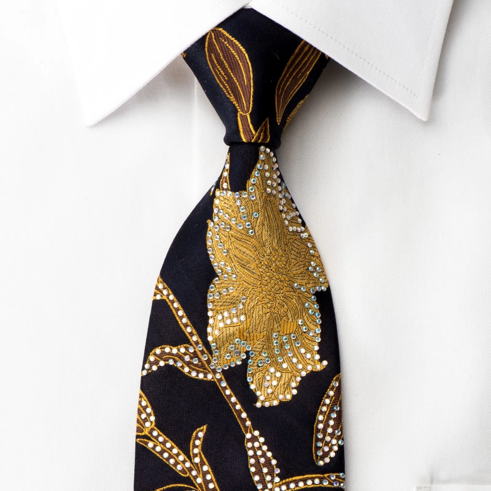 Rogers Dail Woven Silk Necktie Golden Floral On Black Sparkling With Rhinestones