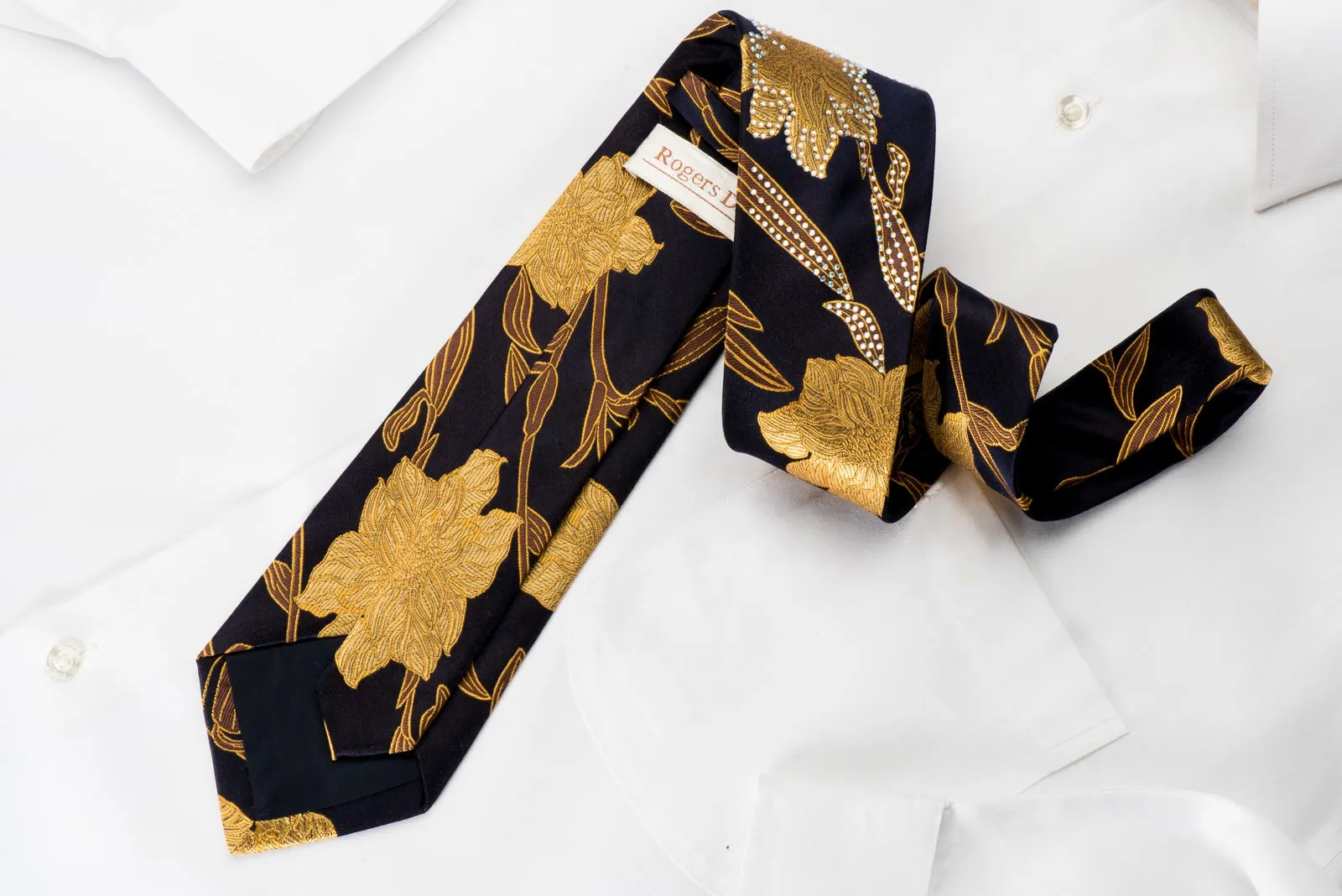 Rogers Dail Woven Silk Necktie Golden Floral On Black Sparkling With Rhinestones