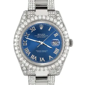 Rolex Datejust II 41mm 8.3ct Diamond Bezel/Lugs/Bracelet/Blue Roman Dial Watch TFJ-142508227