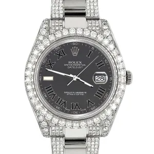 Rolex Datejust II 41mm 8.3ct Diamond Bezel/Lugs/Bracelet/Gray Roman Dial Watch TFJ-142508226