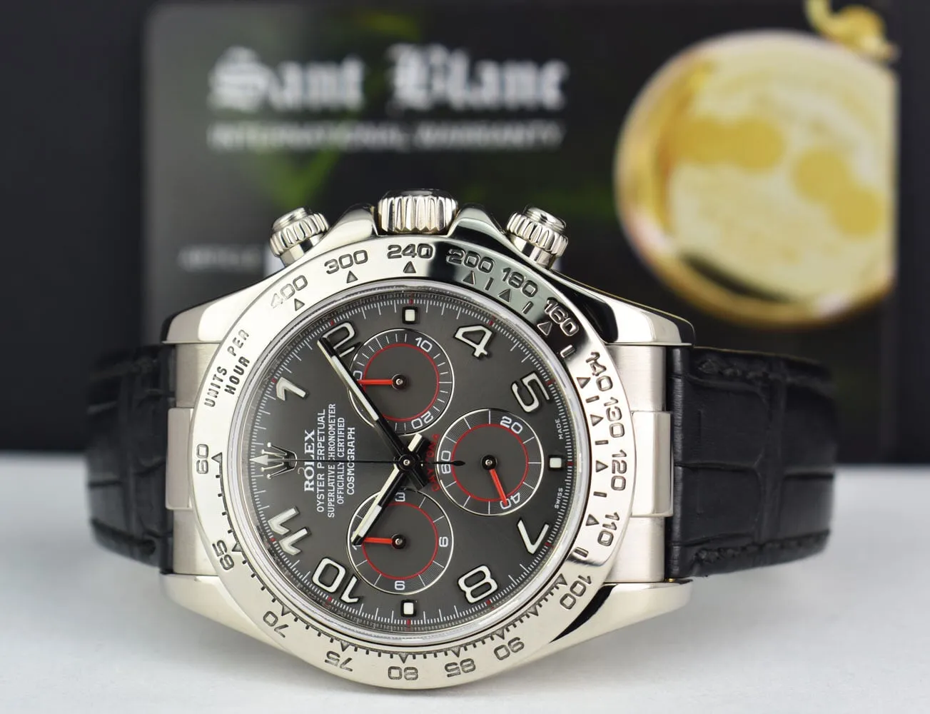 ROLEX Rehaut 18kt White Gold Daytona on Black Crocodile Gray Arabic Dial Model 116519