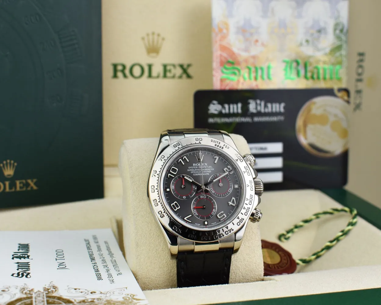 ROLEX Rehaut 18kt White Gold Daytona on Black Crocodile Gray Arabic Dial Model 116519