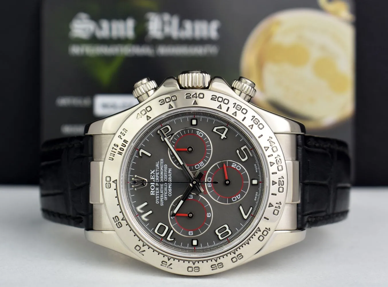 ROLEX Rehaut 18kt White Gold Daytona on Black Crocodile Gray Arabic Dial Model 116519