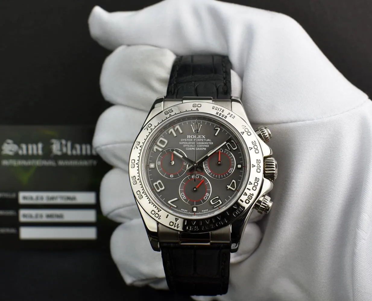 ROLEX Rehaut 18kt White Gold Daytona on Black Crocodile Gray Arabic Dial Model 116519