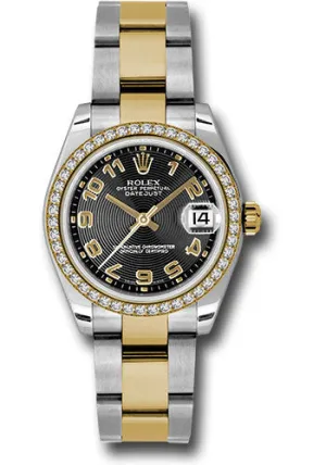 Rolex Steel and Yellow Gold Datejust 31 Watch - 46 Diamond Bezel - Black Concentric Circle Arabic Dial - Oyster Bracelet 178383 bkcao