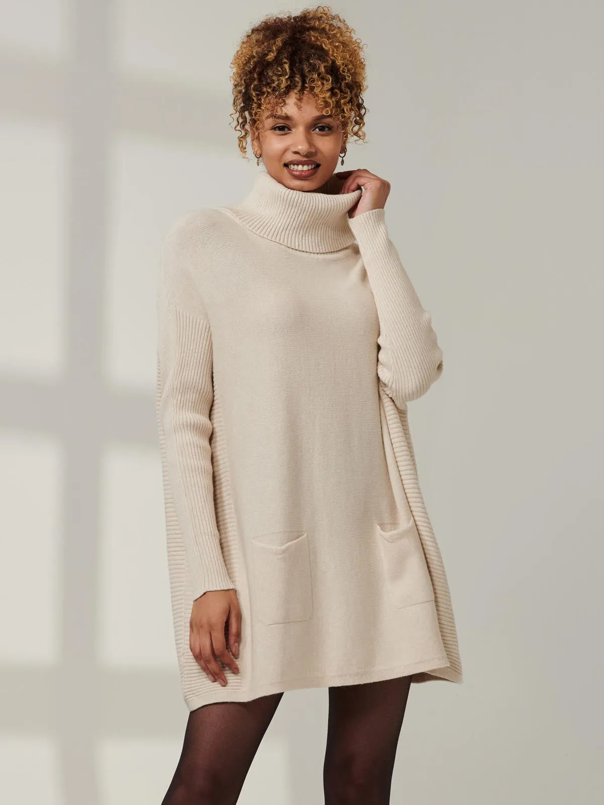 Roll Neck Pocket Front Knit Jumper, Beige Heather