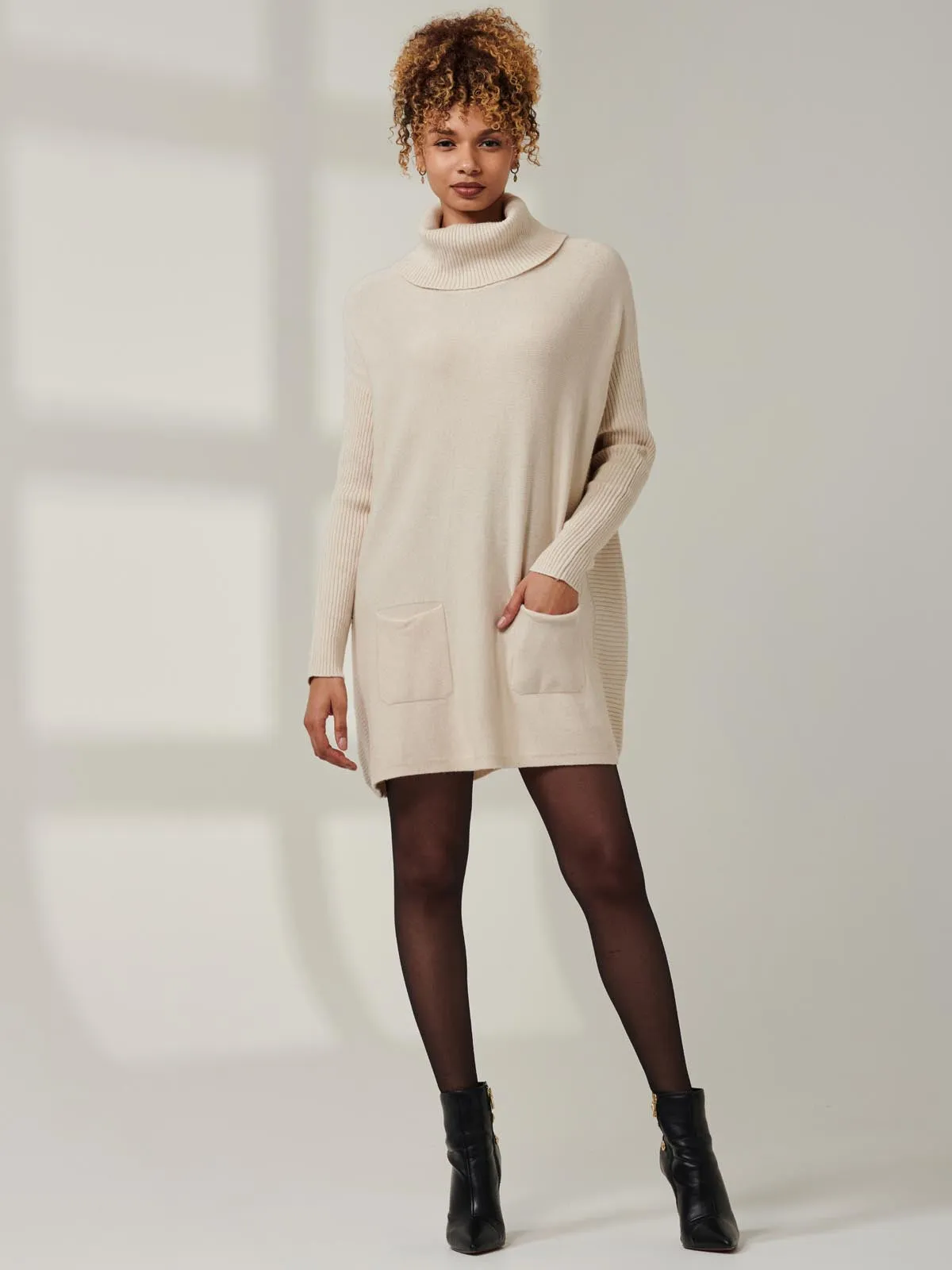 Roll Neck Pocket Front Knit Jumper, Beige Heather