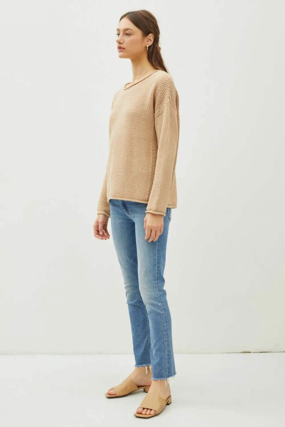 Rolled Openwork Round Neck Sweater