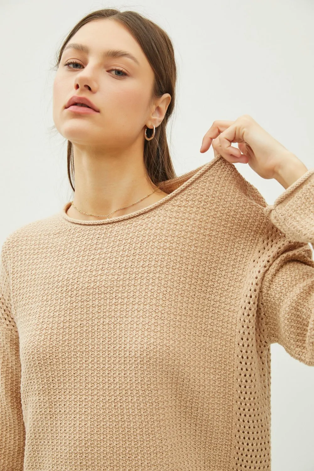 Rolled Openwork Round Neck Sweater