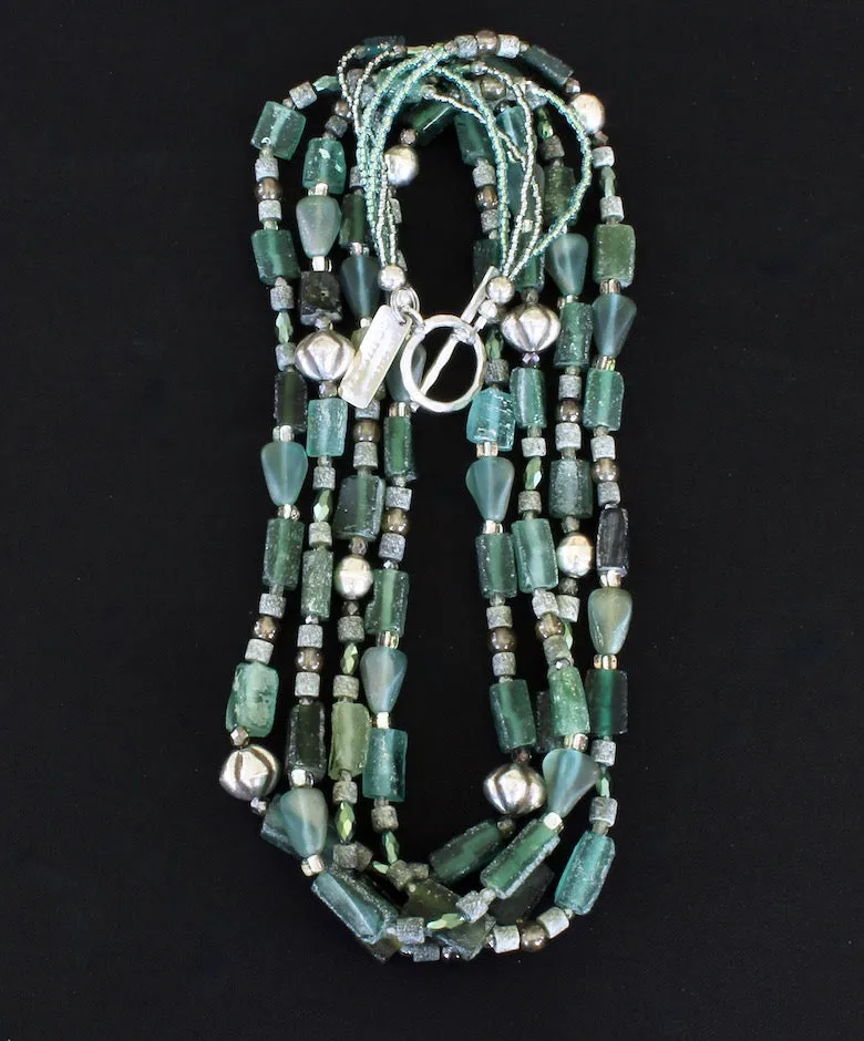 Roman Glass Rectangles 4-Strand Necklace with Czechoslovakian Glass, Hill Tribe Silver Fluted Bicones, and Sterling Silver Rounds and Toggle Clasp