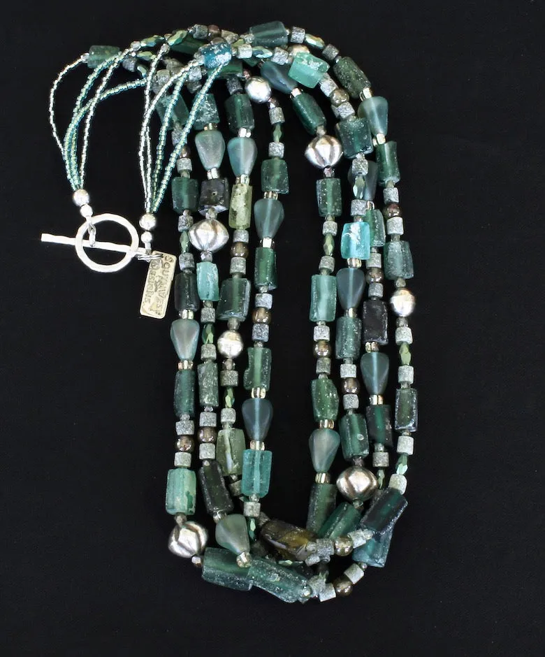 Roman Glass Rectangles 4-Strand Necklace with Czechoslovakian Glass, Hill Tribe Silver Fluted Bicones, and Sterling Silver Rounds and Toggle Clasp