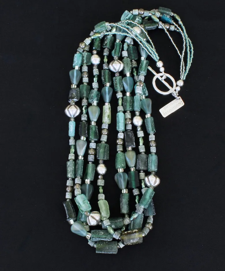 Roman Glass Rectangles 4-Strand Necklace with Czechoslovakian Glass, Hill Tribe Silver Fluted Bicones, and Sterling Silver Rounds and Toggle Clasp