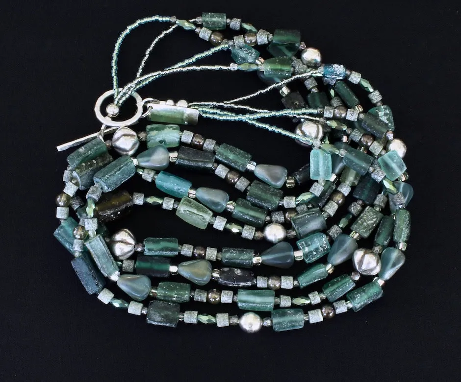 Roman Glass Rectangles 4-Strand Necklace with Czechoslovakian Glass, Hill Tribe Silver Fluted Bicones, and Sterling Silver Rounds and Toggle Clasp