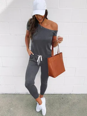 Romance Sleeved With Slanted Shoulder Athleisure Jumpsuits