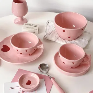 Romantic Pink Heart Ceramic Bowl and Plate