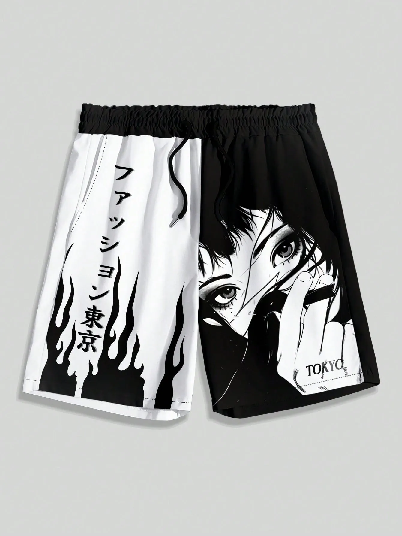 ROMWE Anime Men's Anime Printed Woven Shorts Suitable For Spring And Summer, School