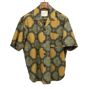 Ronen camp shirt in gold and blue traditional Ajrakh printed cotton