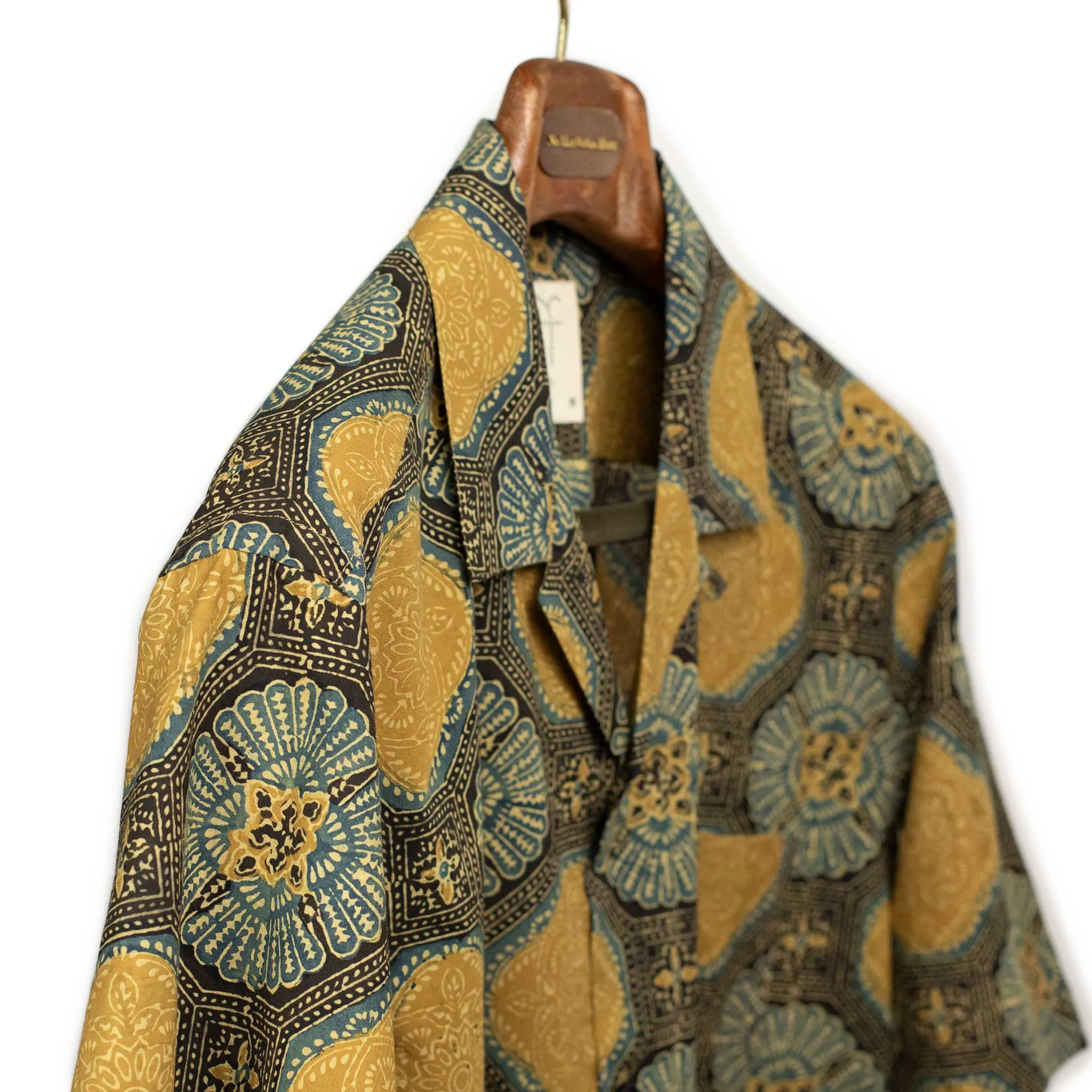 Ronen camp shirt in gold and blue traditional Ajrakh printed cotton