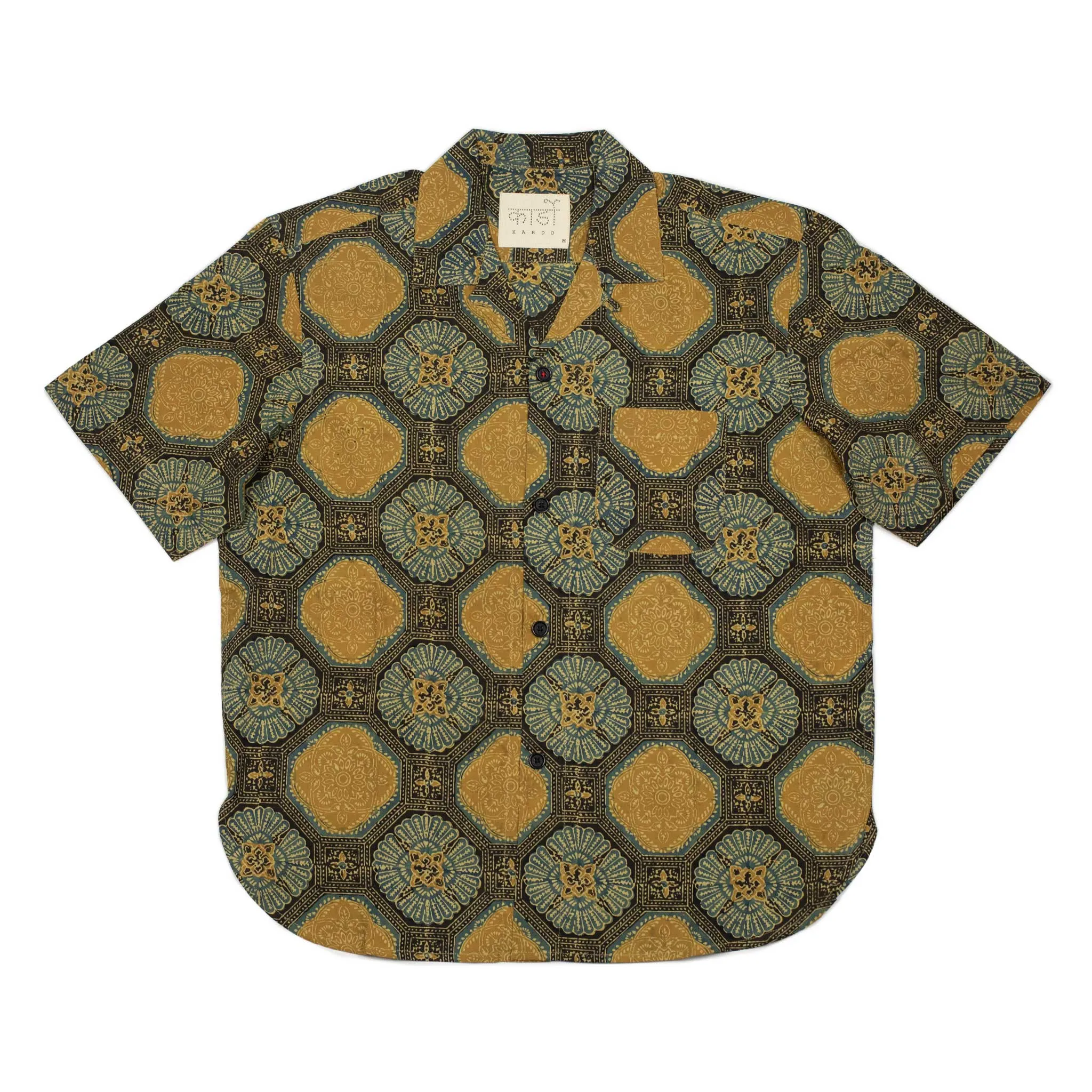 Ronen camp shirt in gold and blue traditional Ajrakh printed cotton