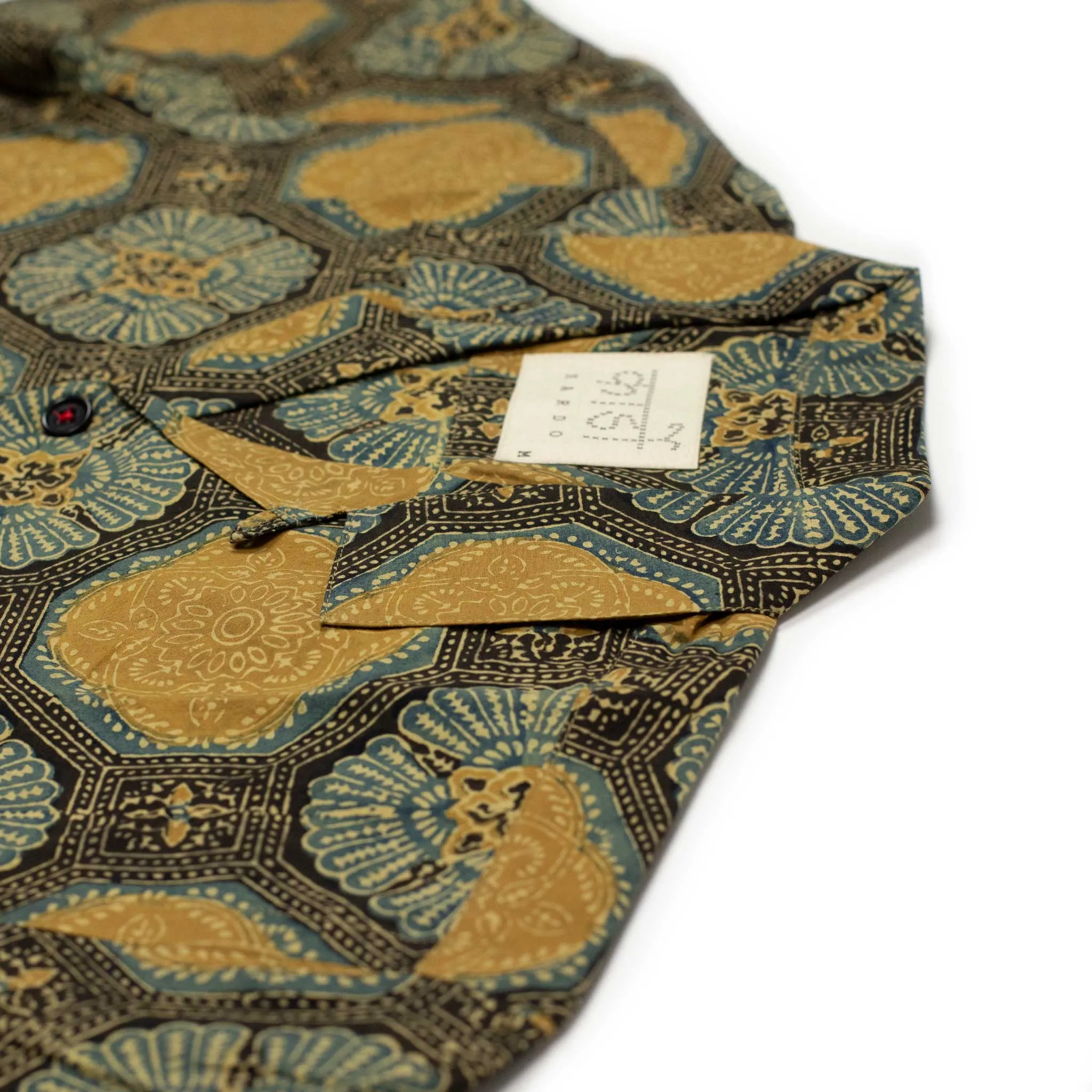 Ronen camp shirt in gold and blue traditional Ajrakh printed cotton