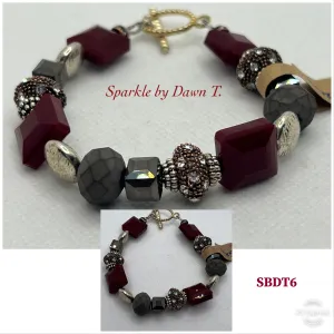 Root Beer and Silver Bracelet maroon and gray with sparkle beads and silver clasp