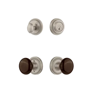 Rope Rosette Entry Set with Brown Porcelain Knob in Satin Nickel