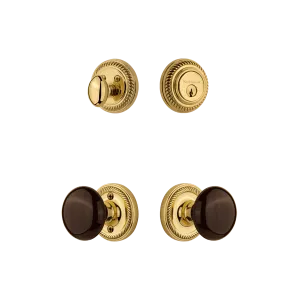 Rope Rosette Entry Set with Brown Porcelain Knob in Unlacquered Brass