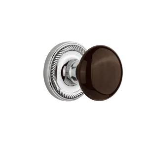 Rope Rosette with Brown Porcelain Knob in Bright Chrome