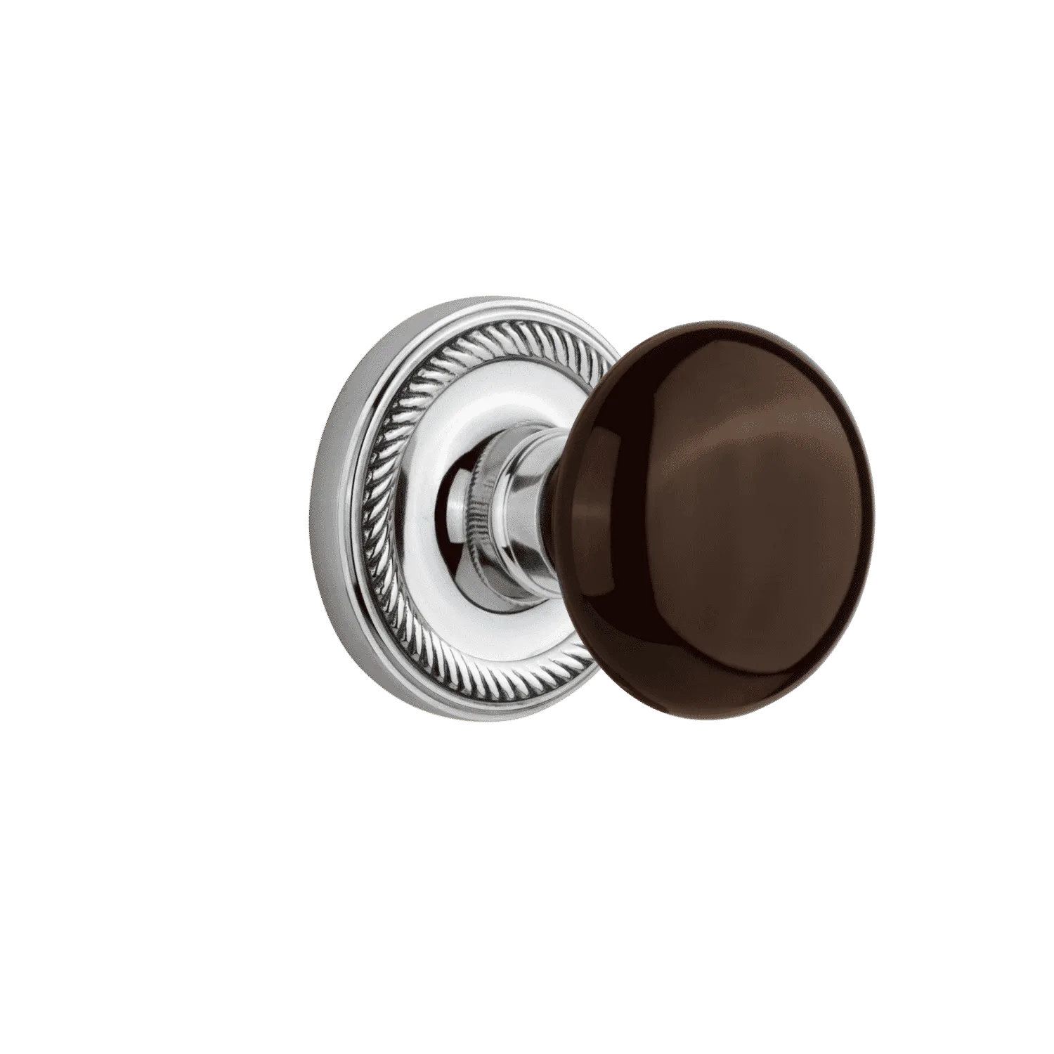 Rope Rosette with Brown Porcelain Knob in Bright Chrome