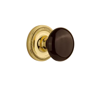 Rope Rosette with Brown Porcelain Knob in Polished Brass