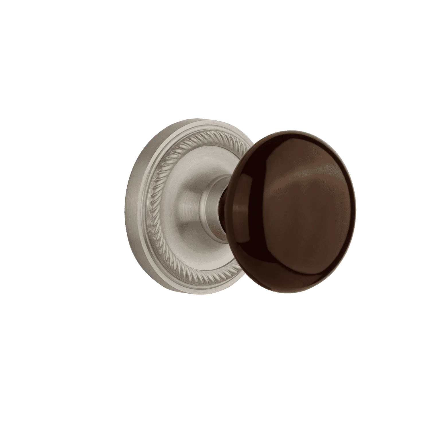 Rope Rosette with Brown Porcelain Knob in Satin Nickel