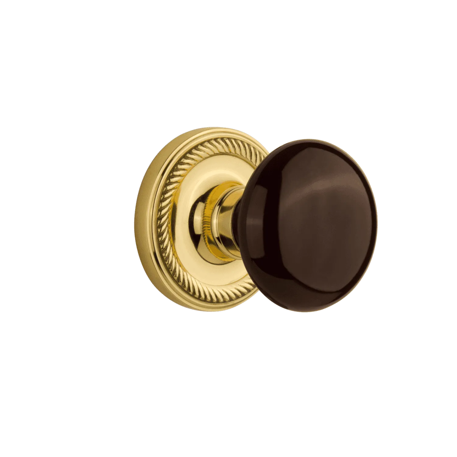 Rope Rosette with Brown Porcelain Knob in Unlacquered Brass