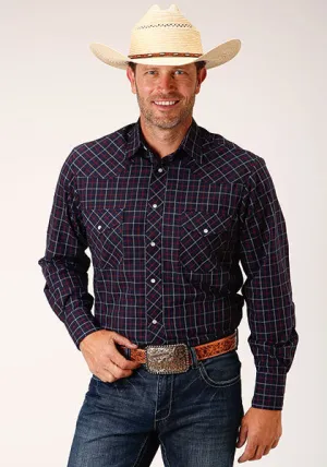 Roper Men's Navy/Red Window Pane Plaid Western Snap Shirt