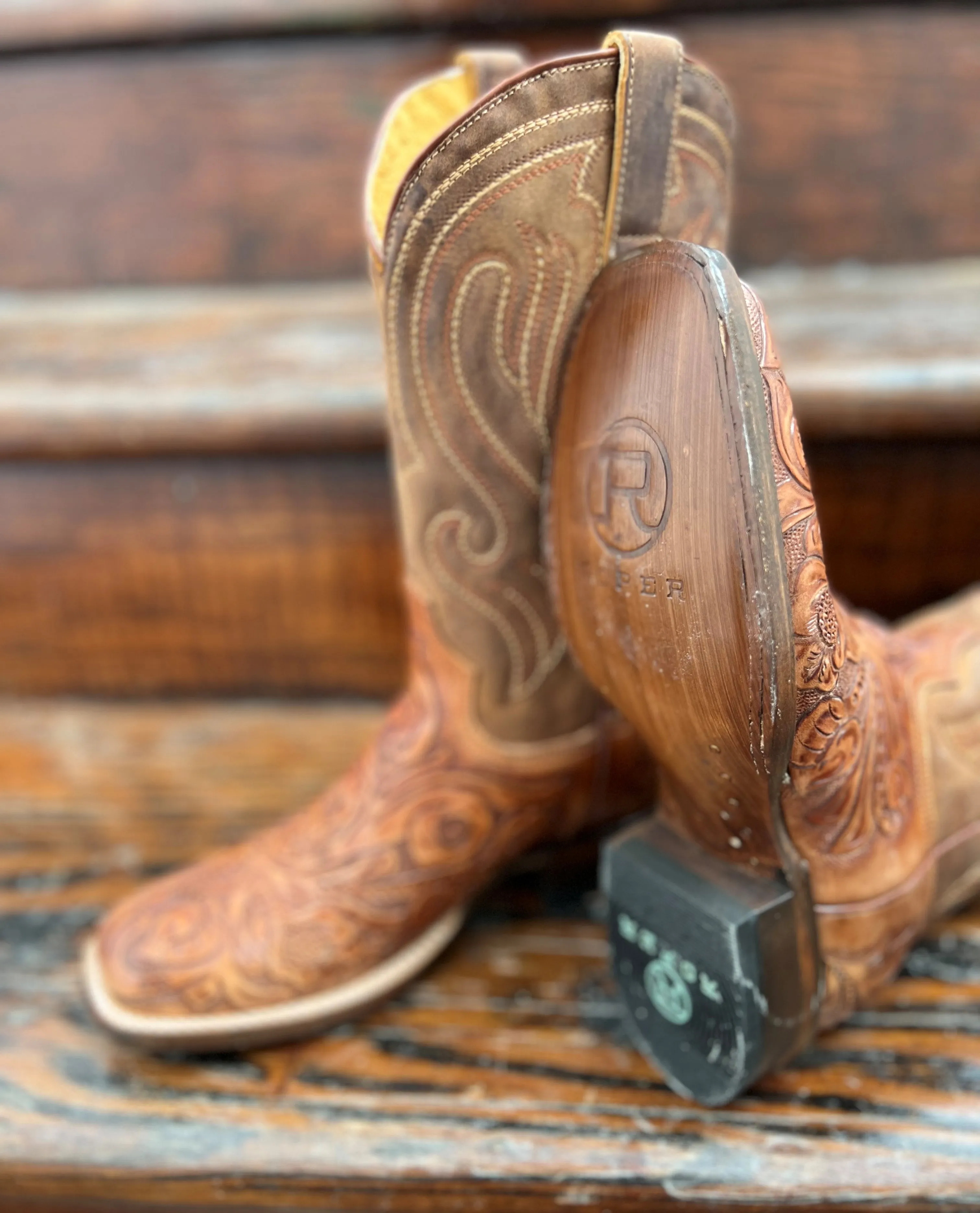 Roper Tooled Embossed Brown Leather Saddle Boot